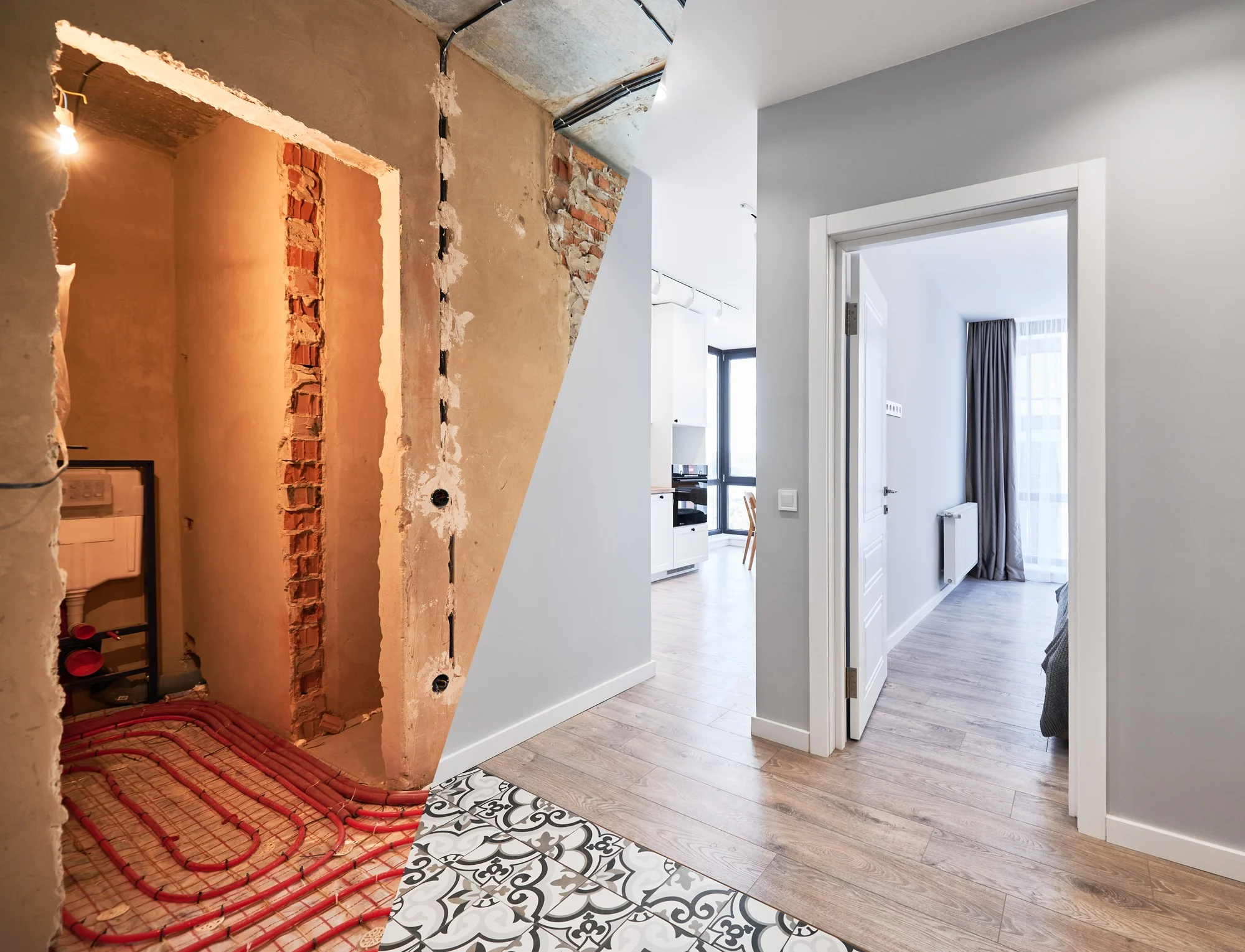 Apartment with heated floor before and after renovation.